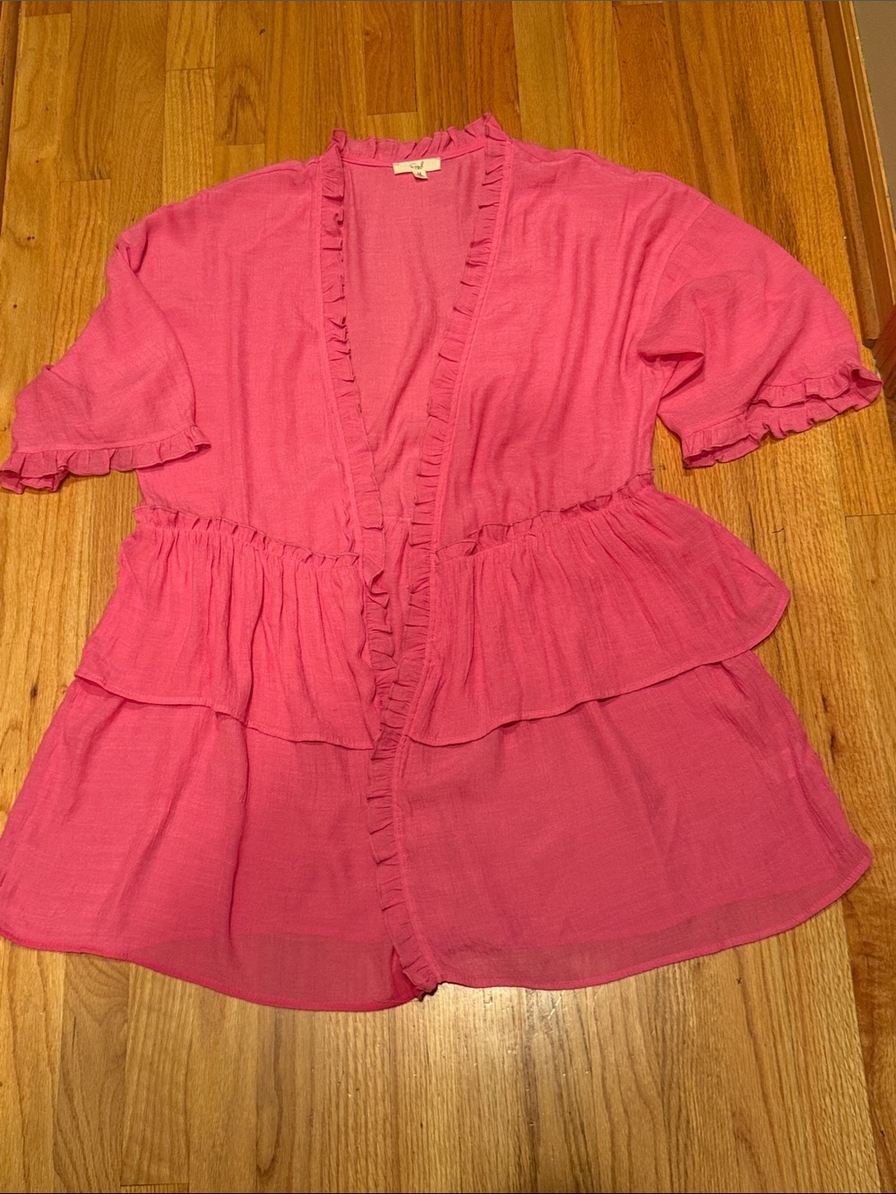 Easel Women Medium Elbow Sleeve  Pink Gauze Tier Ruffle Cardigan Kimono Oversize